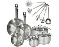 Set 3 pannen 20 24 en 28 cm roestvrij staal, 3 roestvrijstalen kookpotten 16, 20 en 24 cm en 6 roestvrijstalen keukengerei Fackelmann Eterna