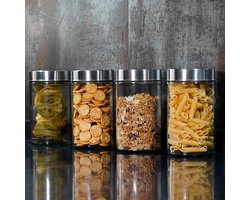 Set 4 Glazen Voorraadpotten, 0,9 L (17x10cm). Borosilicaat Glazen Potten met 201 Roestvrij Staal Deksel. Glazen Potjes.