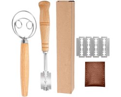 Set Brooddeeggereedschap - Roestvrij Staal en Hout - Snijder + Kneder + 5 Messen - Met Leren Opbergtas
