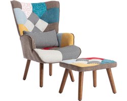 Set Comfort Stoel met Ottomane - Kleurrijke Relaxfauteuil met Rug- en Zitkussen - Inclusief Voetenbank - Max. 90 kg