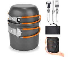 Set, draagbare campingserviesset, ultralicht, camping pot en pannenset, inklapbare handgreep, outdoor pan, grote capaciteit, voor outdoor camping, wandelen en picknick, oranje