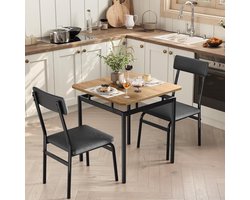 Set eettafel en stoelen voor 2 personen, keukentafel met 2 gevoerde leren stoelen, stalen poten, industriële eettafelset voor kleine ruimtes, appartement (zwart + bruin)