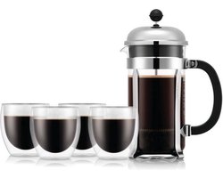 SET French press koffiezetapparaat - BODUM - 8 kopjes 1,0 l + 4 dubbelwandige PAVINA glazen 25 cl