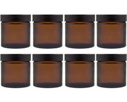 Set glazen potjes met schroefdop, 4 stuks, inhoud 60 ml, kleur: bruin, zalfpotje van bruin glas.