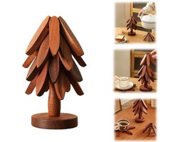 Set hittebestendige matten - anti-verbrandingsmat - houten placemat - bureau-ornament - onderzetter in de vorm van een kerstboom - stapelbaar - met opbergbodem - geschikt voor koffiekopjes, kommen, theepotten, pannen (10*22cm - donkerbruin)