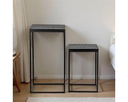 Set Industriële Plantenzuilen Zwart – Mangohout & Metaal – 2-Delig – 65 cm & 45 cm Hoog – Handgemaakt – Vierkant Design – Label Industrialhome – Zuilen voor Planten & Decoratie – Modern & Stoer