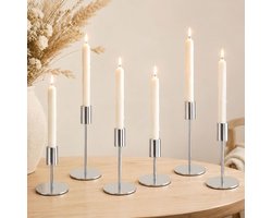 Set Kandelaars - Kaarsenstandaard Metaal - Tafel Decoratie - 3 Verschillende Hoogtes - 6 Stuks - Zilver