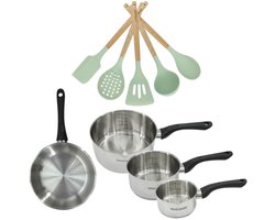 Set Koekenpan 24cm en 3 Kookpannen 12/16/20cm Fackelmann Genève met 5 keukengerei