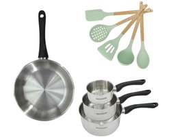 Set Koekenpan 28cm en 3 Kookpannen 12/16/20cm Fackelmann Genève met 5 keukengerei