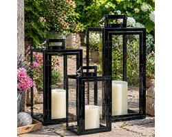 Set Lantaarns - Windlichten Metaal Glas - Sfeerverlichting Buiten - Gegradueerde Maten - H30/40/53cm - Zwart