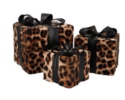 Set LED Kerst Sier Cadeaus | Set van 3 | Panter Teddy / Zwart - met led lampjes - kleine maat