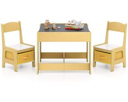 Set met Tafel en 2 Stoelen voor Kinderen Activiteiten Tafel voor Peuters met Afneembaar Dubbelzijdig Blad Schoolbord en Whiteboard-Geel