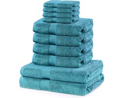 Set of 10 cotton quality 525 g/m² 4 guest towels 30x50 cm 4 hand towels 50x100 cm and 2 bath towels 70x140 cm turquoise absorbent Marina
