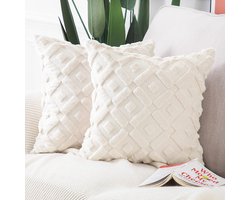 Set of 2 Soft Plush Short Wool Velvet Decorative Throw Pillowcases Luxury Style Cushion Covers for Sofa for Bedroom Beige 30 x 30 cm Square