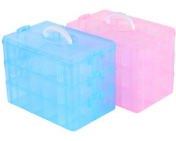 Set of 2 Sorting Boxes, 3 Levels with Handle, Sorting Boxes for Small Parts, 30 Compartments, 3 Levels Sorting Box, Transparent Storage Box with Lid for Bead Organizer, Blue, Pink