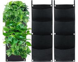 Set of 2 Vertical Plant Bags with 4 Pockets Thick Felt for Balcony Outdoor Garden Yard Office Home Decor (Black)