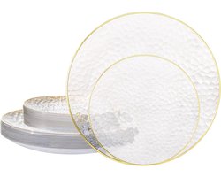 Set of 20 crystal-clear plastic dinner plates with gold rims, plus an elegant hammered-texture cutlery set (includes 10 dinner plates and 10 salad/dessert plates), perfect for parties, weddings, and bridal showers