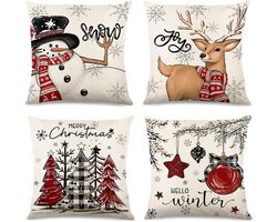 Set of 4 Pillow Cases Christmas 45 x 45 cm, Christmas Linen Look Pillow Cases with Christmas Tree Deer Pattern Red for - ShopVlot