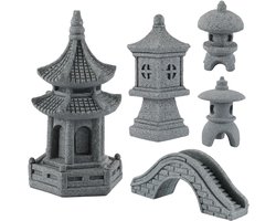 Set of Five Japanse Pagode Lantaarn Brug Sculpturen - Antieke Steen Tuin Decoratie - Zen Landschap Miniatuur Bonsai Binnen en Buiten Cultuur Kunst Sculpturen