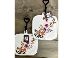 Set pannenlappen met opdruk Bloemen - 2 pannenlappen - 100% katoen