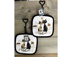 Set pannenlappen met opdruk Poezen - 2 pannenlappen - 100% katoen