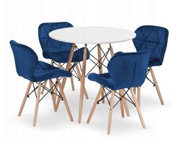 Set Ronde Eettafel TODI Ø80 cm Wit + 4 Eetkamerstoelen LAGO Blauw – Velvet - Eetkamerset – Eethoek – Scandinavisch Design - Compact en Modern – Geschikt voor Keuken, Eetkamer en Woonkamer - Ideaal voor Kleine Ruimtes