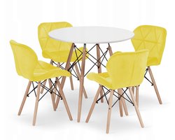 Set Ronde Eettafel TODI Ø80 cm Wit + 4 Eetkamerstoelen LAGO Geel – Velvet - Eetkamerset – Eethoek – Scandinavisch Design - Compact en Modern – Geschikt voor Keuken, Eetkamer en Woonkamer - Ideaal voor Kleine Ruimtes