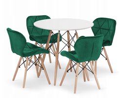 Set Ronde Eettafel TODI Ø80 cm Wit + 4 Eetkamerstoelen LAGO Groen – Velvet - Eetkamerset – Eethoek – Scandinavisch Design - Compact en Modern – Geschikt voor Keuken, Eetkamer en Woonkamer - Ideaal voor Kleine Ruimtes