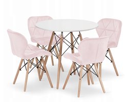 Set Ronde Eettafel TODI Ø80 cm Wit + 4 Eetkamerstoelen LAGO Roze – Velvet - Eetkamerset – Eethoek – Scandinavisch Design - Compact en Modern – Geschikt voor Keuken, Eetkamer en Woonkamer - Ideaal voor Kleine Ruimtes