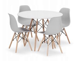 Set Ronde Eettafel TODI Ø100 cm Wit + 4 Eetkamerstoelen OSAKA Grijs – Eetkamerset – Eethoek – Scandinavisch Design - Compact en Modern – Geschikt voor Keuken, Eetkamer en Woonkamer - Ideaal voor Kleine Ruimtes