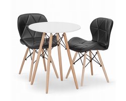 Set Ronde Eettafel TODI Ø60 cm Wit + 2 Eetkamerstoelen LAGO Zwart – Kunstleer - Eetkamerset – Eethoek – Scandinavisch Design - Compact en Modern – Geschikt voor Keuken, Eetkamer en Woonkamer - Ideaal voor Kleine Ruimtes