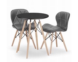 Set Ronde Eettafel TODI Ø60 cm Zwart + 2 Eetkamerstoelen LAGO Grijs – Kunstleer - Eetkamerset – Eethoek – Scandinavisch Design - Compact en Modern – Geschikt voor Keuken, Eetkamer en Woonkamer - Ideaal voor Kleine Ruimtes