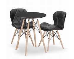 Set Ronde Eettafel TODI Ø60 cm Zwart + 2 Eetkamerstoelen LAGO Zwart – Kunstleer - Eetkamerset – Eethoek – Scandinavisch Design - Compact en Modern – Geschikt voor Keuken, Eetkamer en Woonkamer - Ideaal voor Kleine Ruimtes