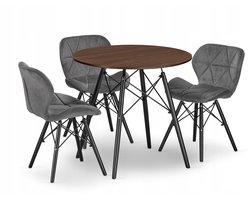 Set Ronde Eettafel TODI Ø80 cm Essen / Zwart + 3 Eetkamerstoelen LAGO Grijs / Zwart – Velvet - Eetkamerset – Eethoek – Scandinavisch Design - Compact en Modern – Geschikt voor Keuken, Eetkamer en Woonkamer - Ideaal voor Kleine Ruimtes