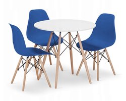 Set Ronde Eettafel TODI Ø80 cm Wit + 3 Eetkamerstoelen OSAKA Blauw – Eetkamerset – Eethoek – Scandinavisch Design - Compact en Modern – Geschikt voor Keuken, Eetkamer en Woonkamer - Ideaal voor Kleine Ruimtes