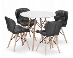 Set Ronde Eettafel TODI Ø80 cm Wit + 4 Eetkamerstoelen LAGO Zwart – Kunstleer - Eetkamerset – Eethoek – Scandinavisch Design - Compact en Modern – Geschikt voor Keuken, Eetkamer en Woonkamer - Ideaal voor Kleine Ruimtes