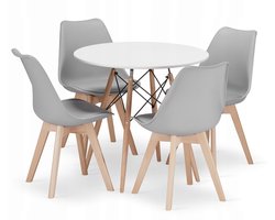 Set Ronde Eettafel TODI Ø80 cm Wit + 4 Eetkamerstoelen MARK Grijs – Eetkamerset – Eethoek – Scandinavisch Design - Compact en Modern – Geschikt voor Keuken, Eetkamer en Woonkamer - Ideaal voor Kleine Ruimtes