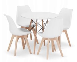 Set Ronde Eettafel TODI Ø80 cm Wit + 4 Eetkamerstoelen MARK Wit – Eetkamerset – Eethoek – Scandinavisch Design - Compact en Modern – Geschikt voor Keuken, Eetkamer en Woonkamer - Ideaal voor Kleine Ruimtes