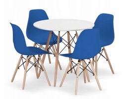 Set Ronde Eettafel TODI Ø80 cm Wit + 4 Eetkamerstoelen OSAKA Blauw – Eetkamerset – Eethoek – Scandinavisch Design - Compact en Modern – Geschikt voor Keuken, Eetkamer en Woonkamer - Ideaal voor Kleine Ruimtes