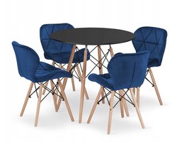 Set Ronde Eettafel TODI Ø80 cm Zwart + 4 Eetkamerstoelen LAGO Blauw – Velvet - Eetkamerset – Eethoek – Scandinavisch Design - Compact en Modern – Geschikt voor Keuken, Eetkamer en Woonkamer - Ideaal voor Kleine Ruimtes