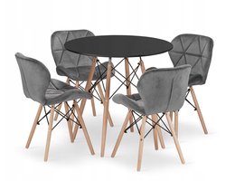 Set Ronde Eettafel TODI Ø80 cm Zwart + 4 Eetkamerstoelen LAGO Grijs – Velvet - Eetkamerset – Eethoek – Scandinavisch Design - Compact en Modern – Geschikt voor Keuken, Eetkamer en Woonkamer - Ideaal voor Kleine Ruimtes