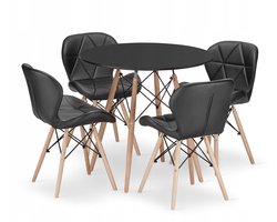 Set Ronde Eettafel TODI Ø80 cm Zwart + 4 Eetkamerstoelen LAGO Zwart – Kunstleer - Eetkamerset – Eethoek – Scandinavisch Design - Compact en Modern – Geschikt voor Keuken, Eetkamer en Woonkamer