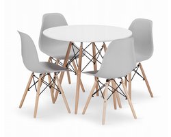 Set Ronde Eettafel TODI Ø90 cm Wit + 4 Eetkamerstoelen OSAKA Grijs – Eetkamerset – Eethoek – Scandinavisch Design - Compact en Modern – Geschikt voor Keuken, Eetkamer en Woonkamer - Ideaal voor Kleine Ruimtes