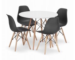 Set Ronde Eettafel TODI Ø90 cm Wit + 4 Eetkamerstoelen OSAKA Zwart – Eetkamerset – Eethoek – Scandinavisch Design - Compact en Modern – Geschikt voor Keuken, Eetkamer en Woonkamer - Ideaal voor Kleine Ruimtes