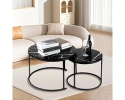 Set salontafels - Bijzettafels rond - Woonkamer inrichten - Marmerlook gesinterde steen - 50 en 70 cm - Zwart metaal