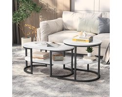 Set salontafels - Bijzettafels rond - Woonkamer inrichten - Stapelbaar marmereffect - Groot en klein - Zwart metaal