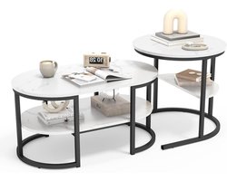 Set Salontafels - Marmeren Tafels - Moderne Woonkamer - Twee Niveaus - Rond en Ovaal - Wit Marmer Zwart