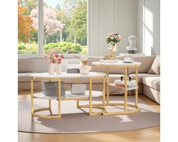 Set salontafels - Uitschuifbare tafels - Woonkamer inrichting - Marmerlook design - 80 x 46 cm - Goud ovaal
