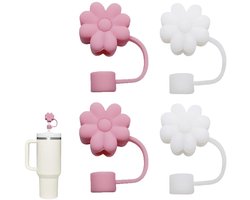 Set Siliconen Doppen - Herbruikbare Rietjesdoppen - Bescherming En Bloemenmotief Voor Stanley Cup 30 & 40 Oz - 4 Stuks - Zwart/Wit