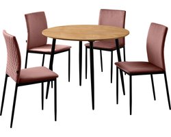Set tafel 100 cm eikenhout zwarte stoel roze fluweel